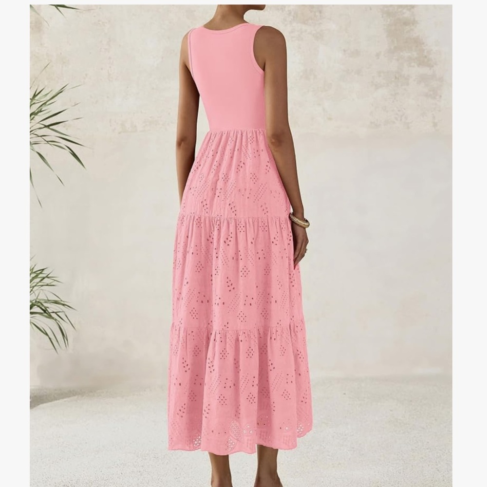 Pink Tiered A-line Maxi Dress with pockets - Picture 4 of 11